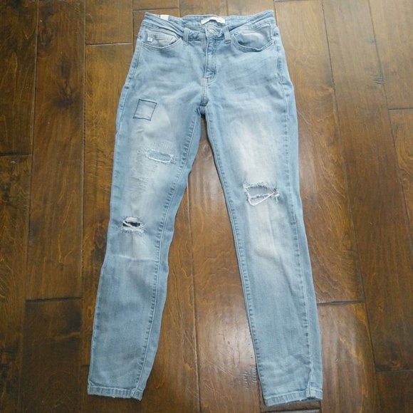 Kancan Denim - KANCAN Light Wash Blue Destroyed/Patched Skinny Jeans SZ 9/28 x 29 x9" Rise